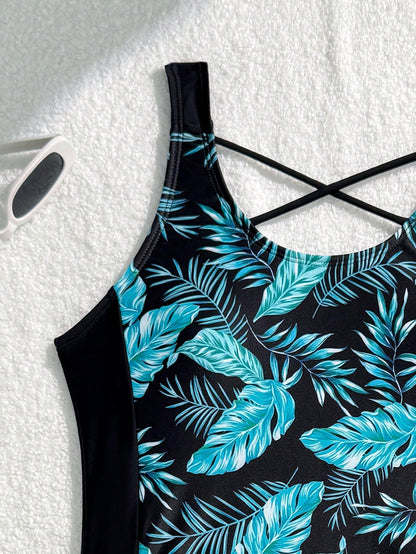 Teen Girl Slim Fit Casual Minimalist Comfortable Sporty Round Neck Sleeveless Side Tie Swimsuit Set Teen Girl