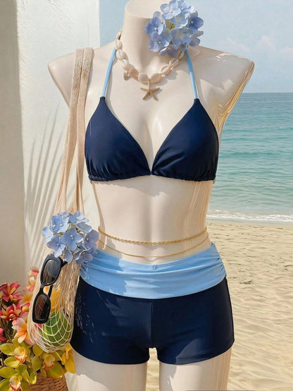 Teen Girl/Teen Girls Black Knit Contrast Trim Spaghetti Strap Bikini Top And Shorts Swimwear Set, Vacation Beach