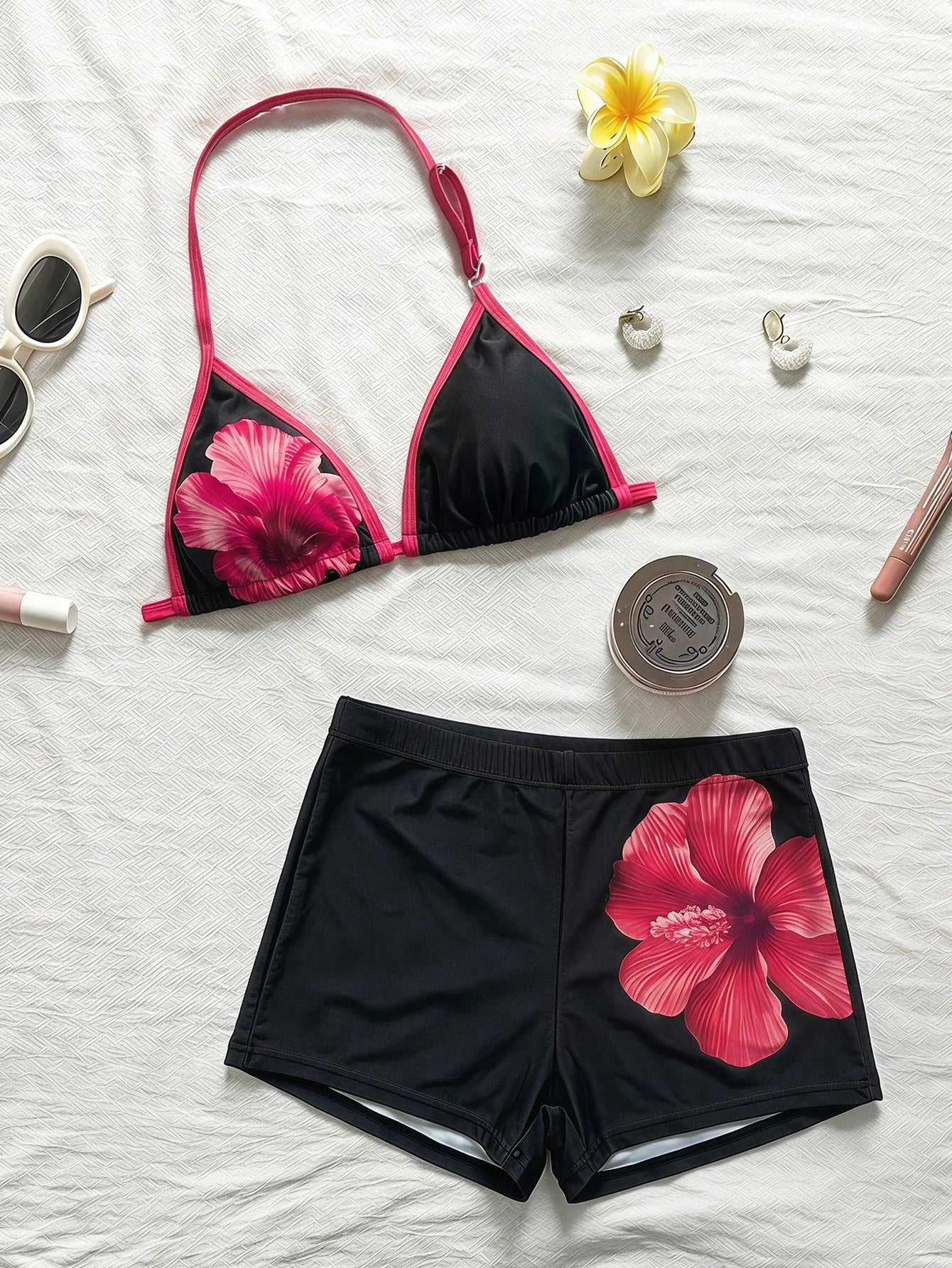 Teen Girl/Teen Girls Black Knit Contrast Trim Spaghetti Strap Bikini Top And Shorts Swimwear Set, Vacation Beach