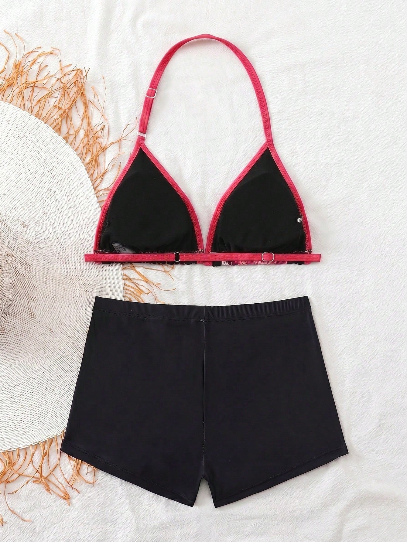Teen Girl/Teen Girls Black Knit Contrast Trim Spaghetti Strap Bikini Top And Shorts Swimwear Set, Vacation Beach