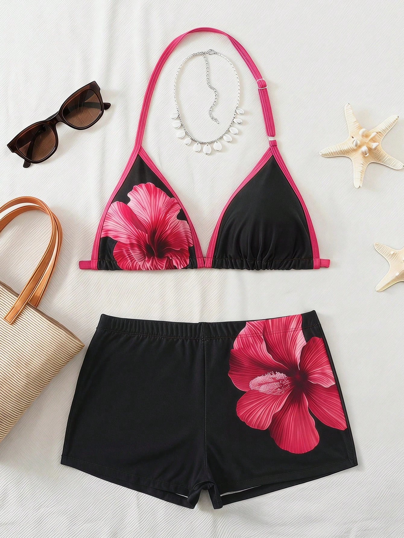 Teen Girl/Teen Girls Black Knit Contrast Trim Spaghetti Strap Bikini Top And Shorts Swimwear Set, Vacation Beach