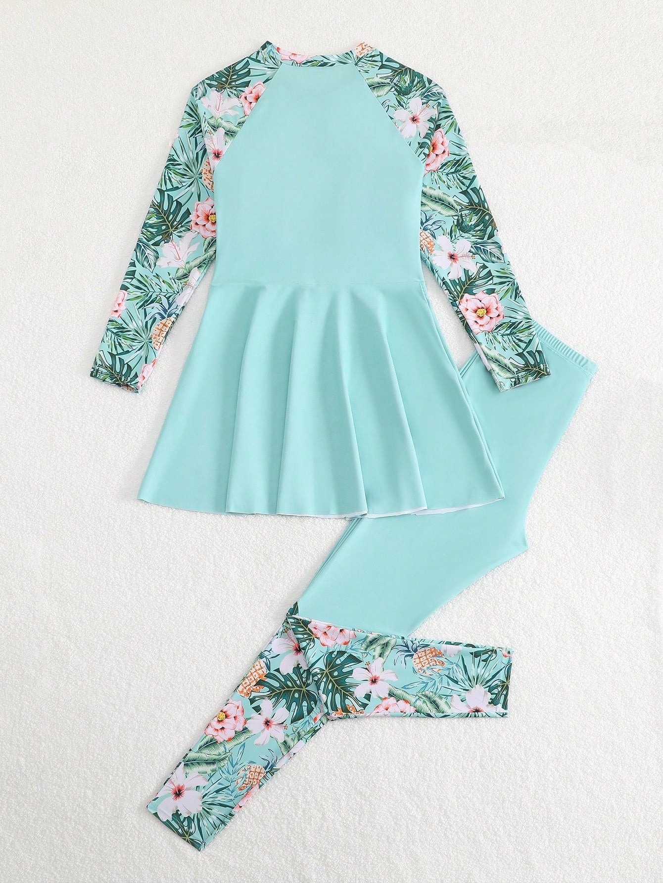 Teen Girls Swimsuit 13-16 Years Old Long Sleeve Two-Piece Skirt Swimsuit Set Fashion Tropical Floral Print Zipper Top Swimsuit Suitable For Summer Casual Vacation Beach Sand Pool Swimming Pool S