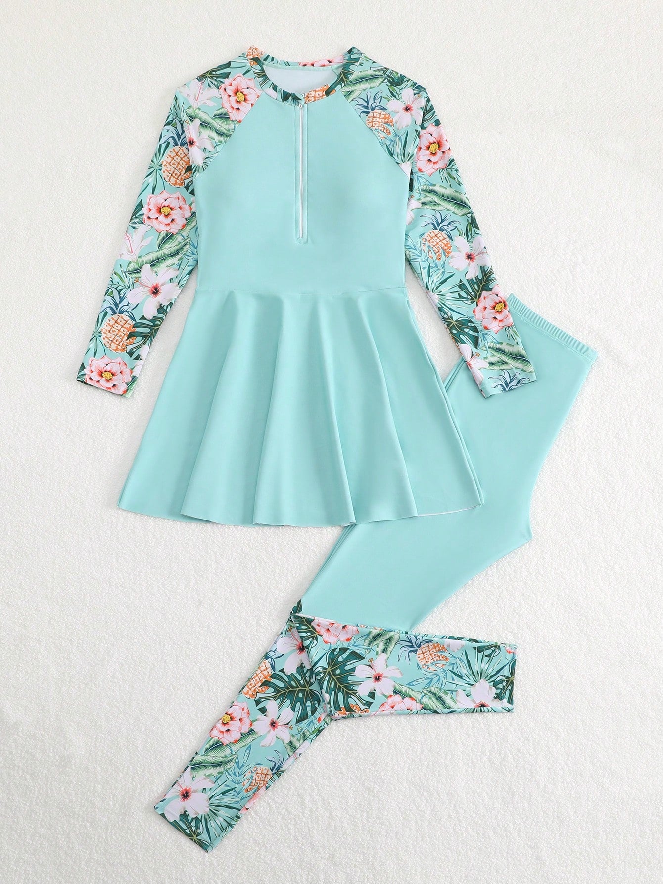 Teen Girls Swimsuit 13-16 Years Old Long Sleeve Two-Piece Skirt Swimsuit Set Fashion Tropical Floral Print Zipper Top Swimsuit Suitable For Summer Casual Vacation Beach Sand Pool Swimming Pool S