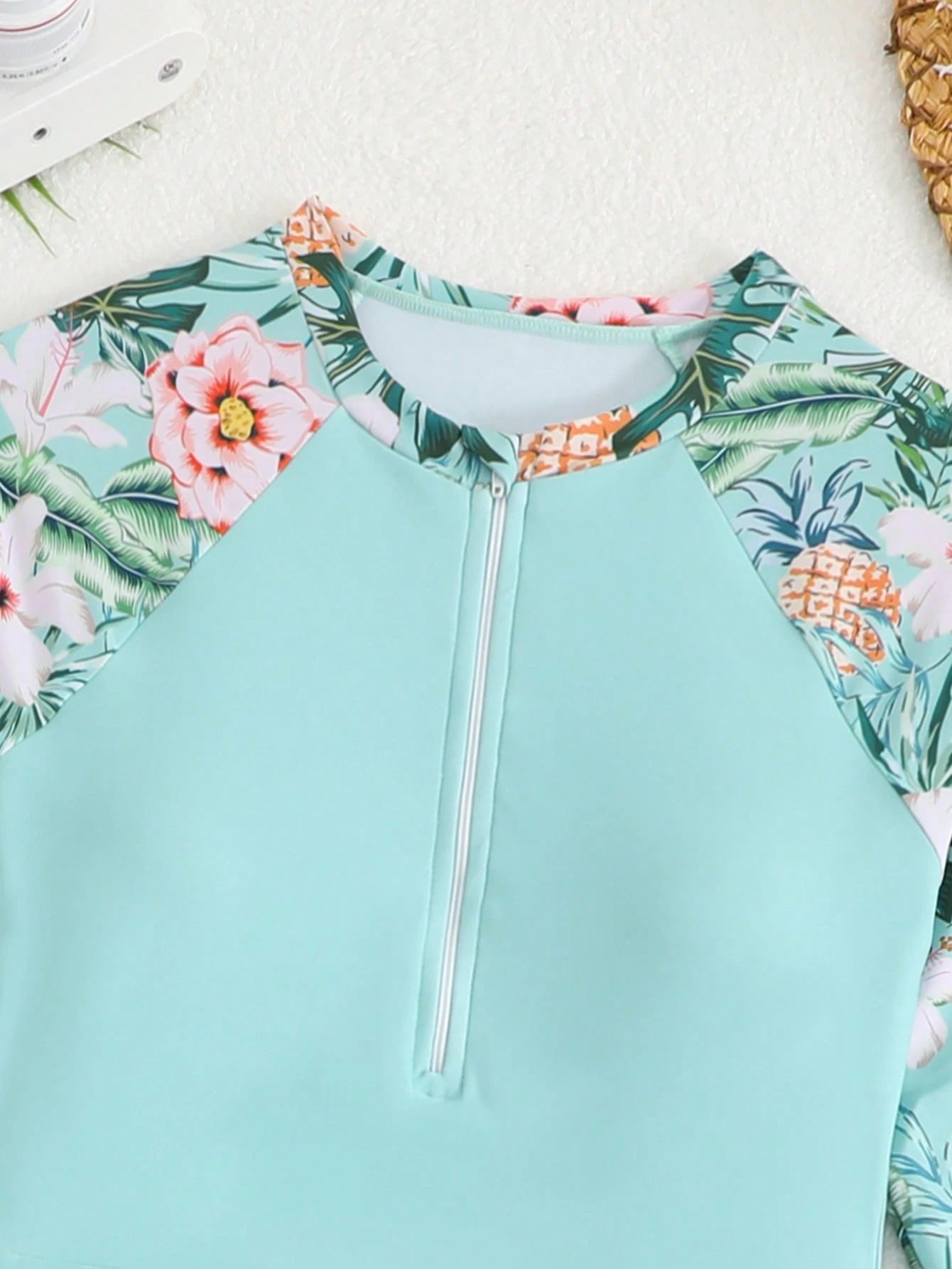 Teen Girls Swimsuit 13-16 Years Old Long Sleeve Two-Piece Skirt Swimsuit Set Fashion Tropical Floral Print Zipper Top Swimsuit Suitable For Summer Casual Vacation Beach Sand Pool Swimming Pool S