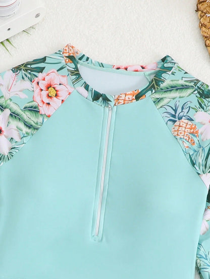 Teen Girls Swimsuit 13-16 Years Old Long Sleeve Two-Piece Skirt Swimsuit Set Fashion Tropical Floral Print Zipper Top Swimsuit Suitable For Summer Casual Vacation Beach Sand Pool Swimming Pool S