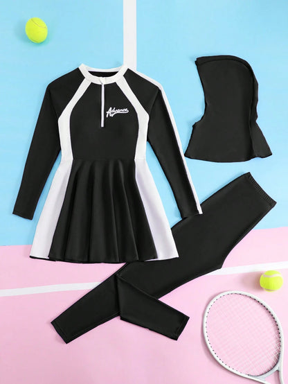 Teen Girls Swimsuit 13-16 Years Old Long Sleeve Two-Piece Skirt Swimsuit Set Fashion Tropical Floral Print Zipper Top Swimsuit Suitable For Summer Casual Vacation Beach Sand Pool Swimming Pool S