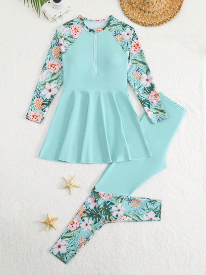 Teen Girls Swimsuit 13-16 Years Old Long Sleeve Two-Piece Skirt Swimsuit Set Fashion Tropical Floral Print Zipper Top Swimsuit Suitable For Summer Casual Vacation Beach Sand Pool Swimming Pool S