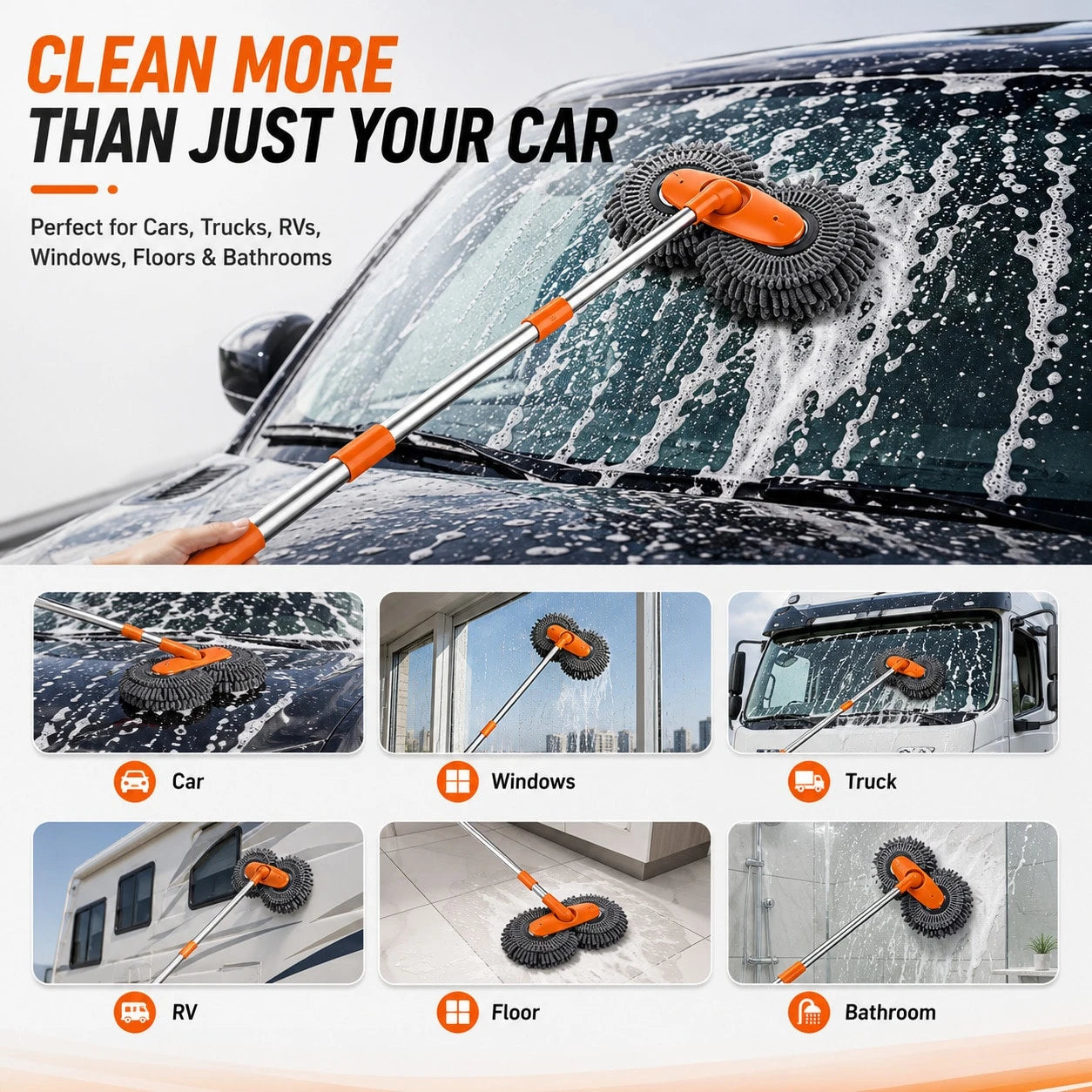 Telescopic Car Wash Mop With Soft Chenille Head, 360-Degree Rotating Cleaning Brush For Vehicle Exterior Care, Extendable Handle Auto Washing Tool For Cars SUVs Trucks RVs, Portable Scratch-Free Absor