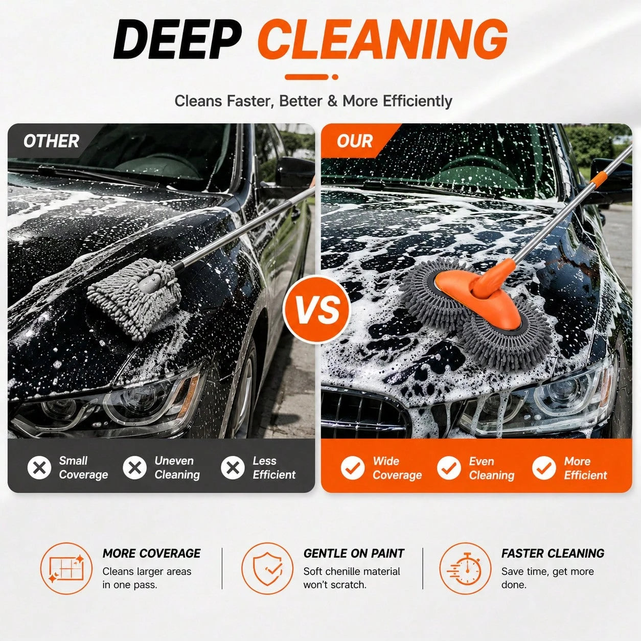 Telescopic Car Wash Mop With Soft Chenille Head, 360-Degree Rotating Cleaning Brush For Vehicle Exterior Care, Extendable Handle Auto Washing Tool For Cars SUVs Trucks RVs, Portable Scratch-Free Absor