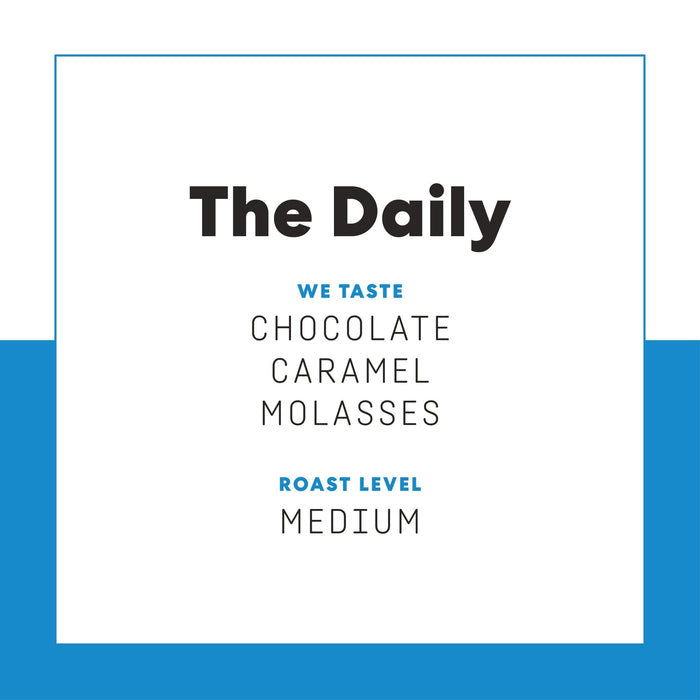 The Daily product page featuring bold logo on a white card and roast level text