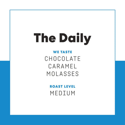 The Daily product page featuring bold logo on a white card and roast level text