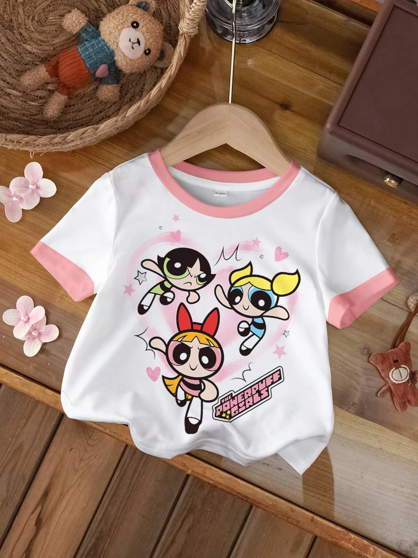 THE POWERPUFF GIRLS X Baby Girl Letter Cartoon Print Round Neck Short Sleeve Casual T-Shirt