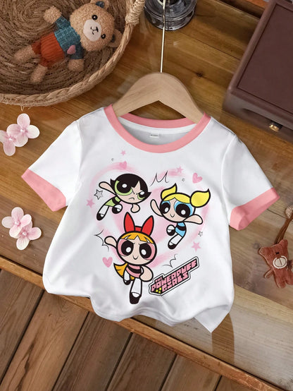 THE POWERPUFF GIRLS X Baby Girl Letter Cartoon Print Round Neck Short Sleeve Casual T-Shirt