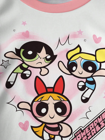 THE POWERPUFF GIRLS X Baby Girl Letter Cartoon Print Round Neck Short Sleeve Casual T-Shirt