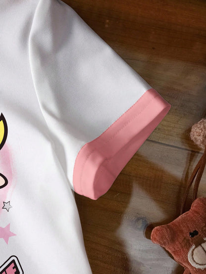 THE POWERPUFF GIRLS X Baby Girl Letter Cartoon Print Round Neck Short Sleeve Casual T-Shirt