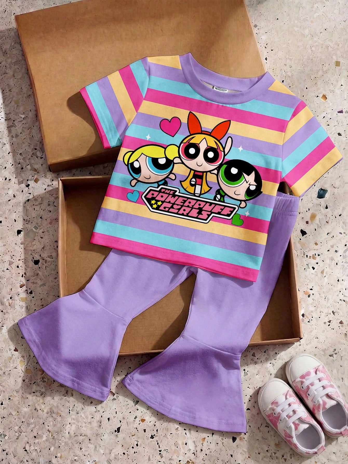 THE POWERPUFF GIRLS X Baby Girl Round Neck Letter Cartoon Print Short Sleeve T-Shirt And Flared Pants Casual Daily Outfit Set