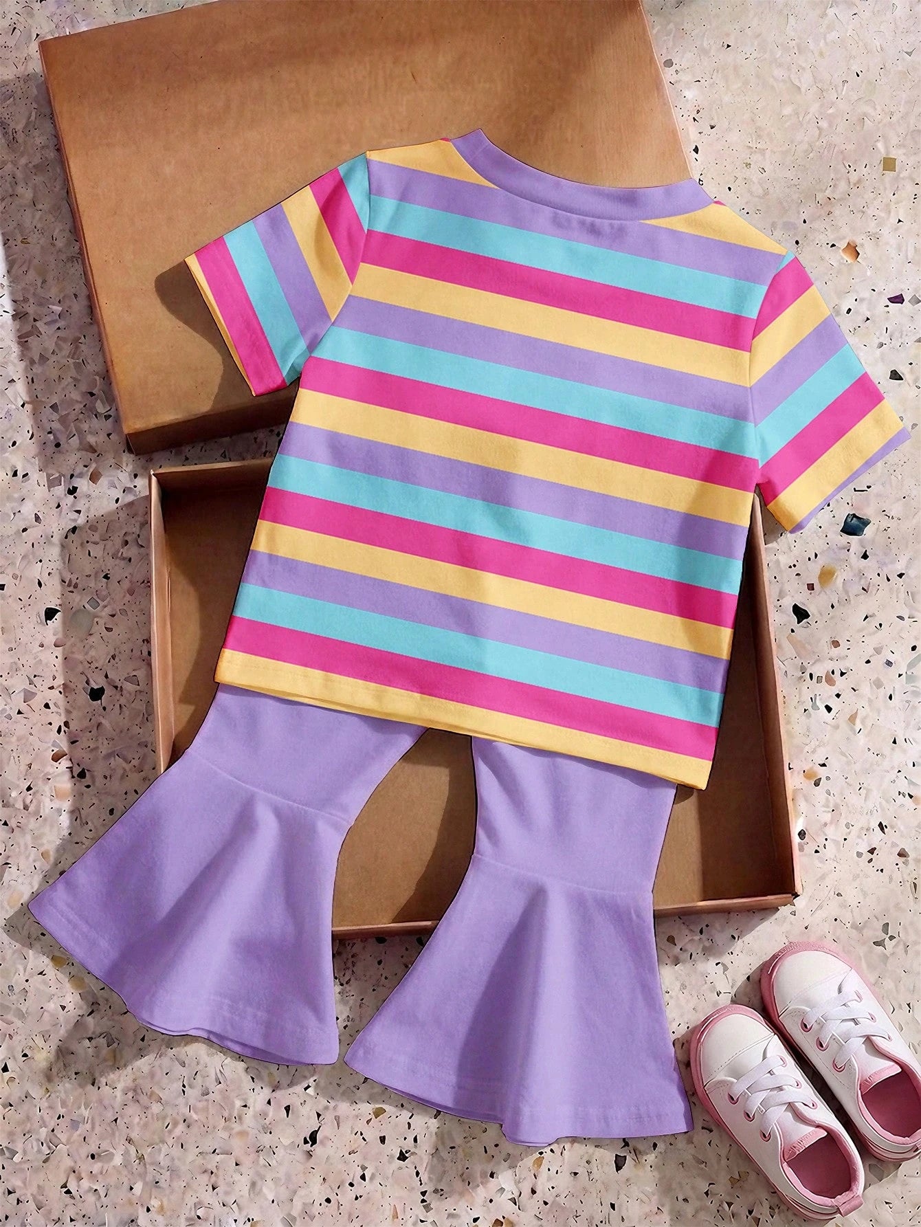 THE POWERPUFF GIRLS X Baby Girl Round Neck Letter Cartoon Print Short Sleeve T-Shirt And Flared Pants Casual Daily Outfit Set
