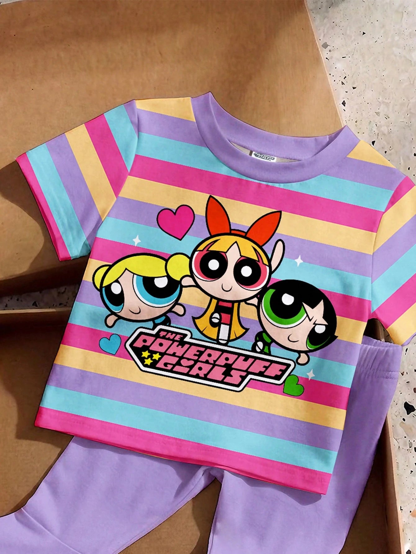THE POWERPUFF GIRLS X Baby Girl Round Neck Letter Cartoon Print Short Sleeve T-Shirt And Flared Pants Casual Daily Outfit Set