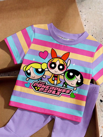 THE POWERPUFF GIRLS X Baby Girl Round Neck Letter Cartoon Print Short Sleeve T-Shirt And Flared Pants Casual Daily Outfit Set