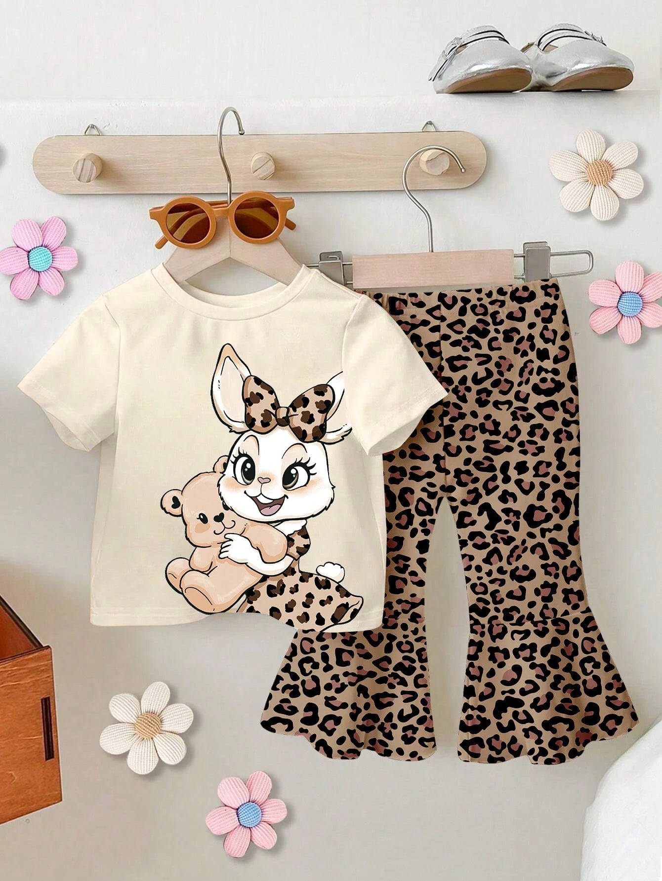 THE POWERPUFF GIRLS X Baby Girl Round Neck Letter Cartoon Print Short Sleeve T-Shirt And Flared Pants Casual Daily Outfit Set
