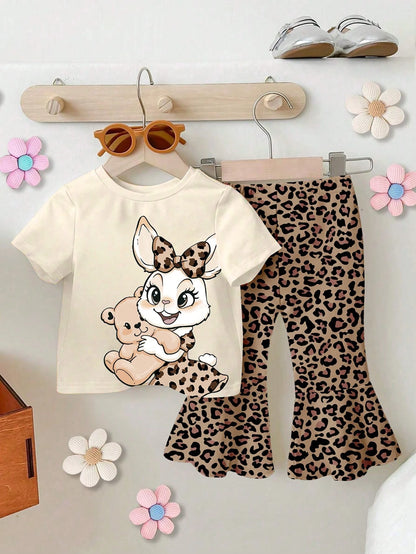 THE POWERPUFF GIRLS X Baby Girl Round Neck Letter Cartoon Print Short Sleeve T-Shirt And Flared Pants Casual Daily Outfit Set