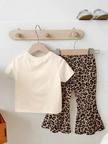 THE POWERPUFF GIRLS X Baby Girl Round Neck Letter Cartoon Print Short Sleeve T-Shirt And Flared Pants Casual Daily Outfit Set