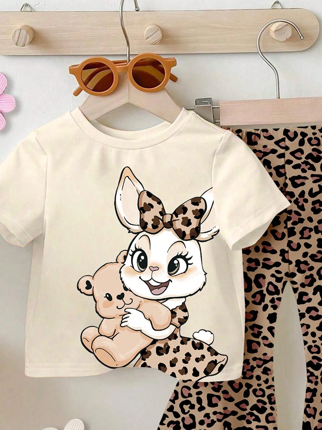 THE POWERPUFF GIRLS X Baby Girl Round Neck Letter Cartoon Print Short Sleeve T-Shirt And Flared Pants Casual Daily Outfit Set
