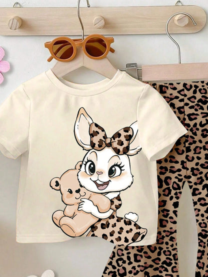 THE POWERPUFF GIRLS X Baby Girl Round Neck Letter Cartoon Print Short Sleeve T-Shirt And Flared Pants Casual Daily Outfit Set