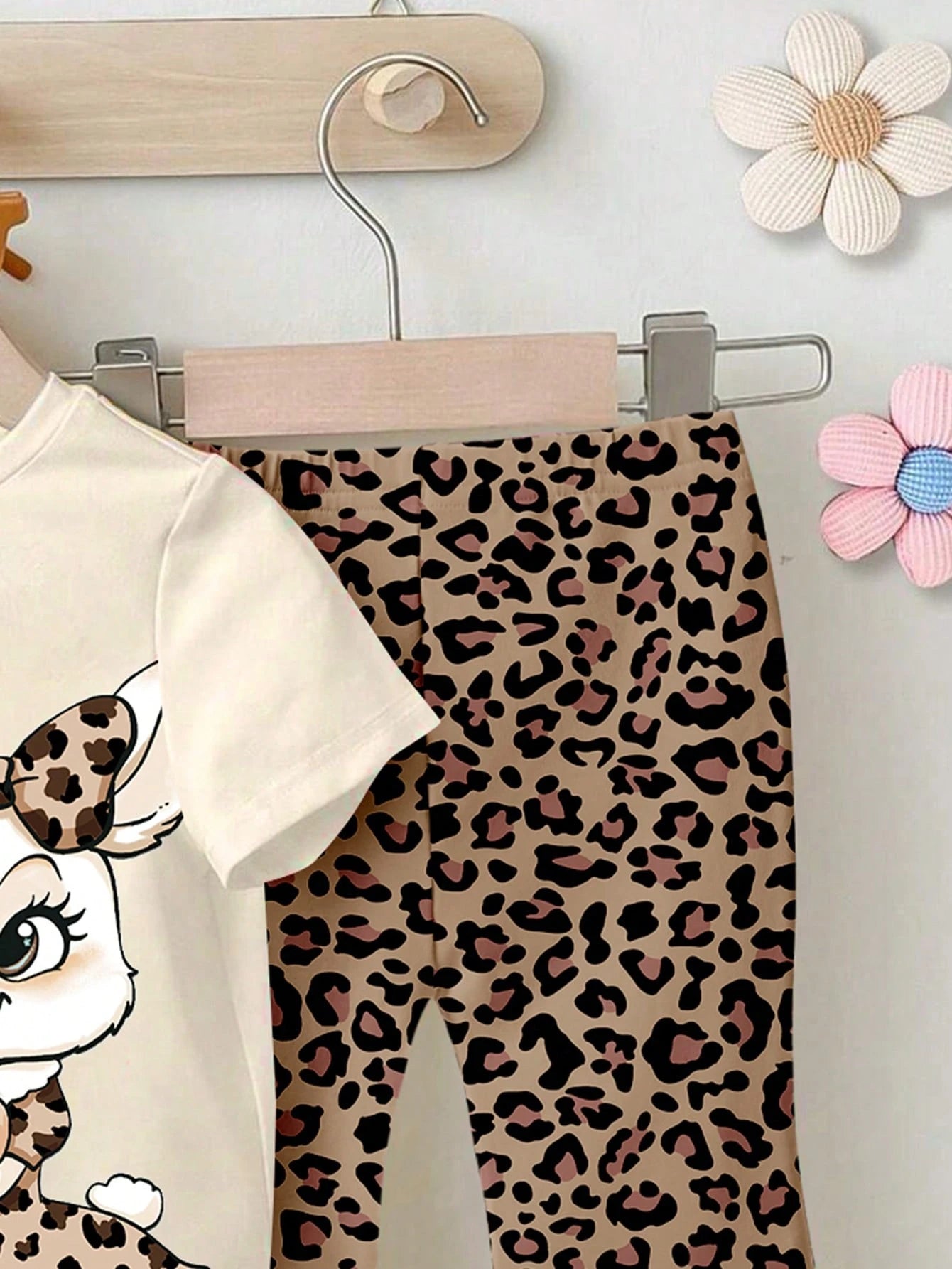 THE POWERPUFF GIRLS X Baby Girl Round Neck Letter Cartoon Print Short Sleeve T-Shirt And Flared Pants Casual Daily Outfit Set