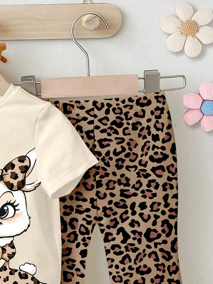 THE POWERPUFF GIRLS X Baby Girl Round Neck Letter Cartoon Print Short Sleeve T-Shirt And Flared Pants Casual Daily Outfit Set