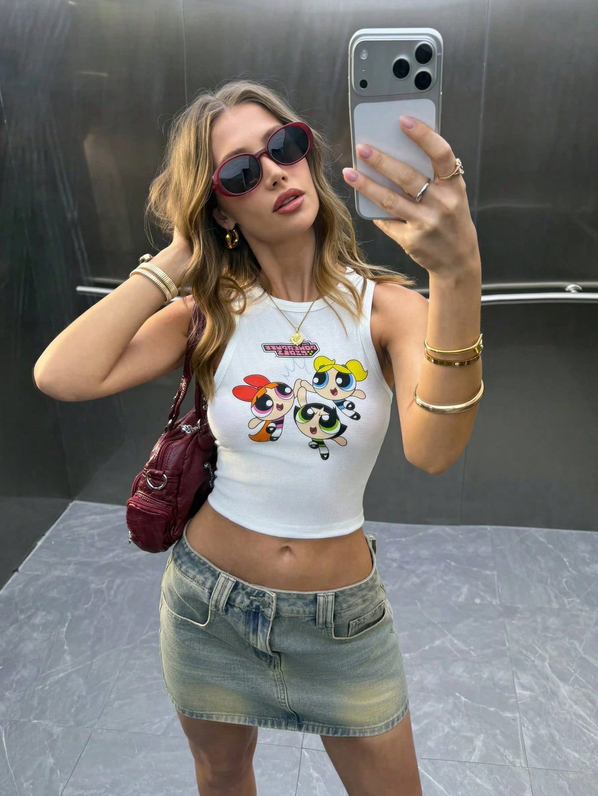THE POWERPUFF GIRLS X Women's Casual Summer Blossom, Bubbles, Buttercup Pattern White Cropped Tank Top,Outwork/Vacation