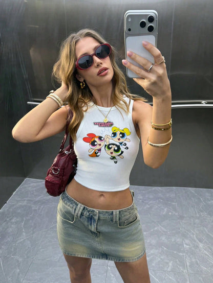 THE POWERPUFF GIRLS X Women's Casual Summer Blossom, Bubbles, Buttercup Pattern White Cropped Tank Top,Outwork/Vacation