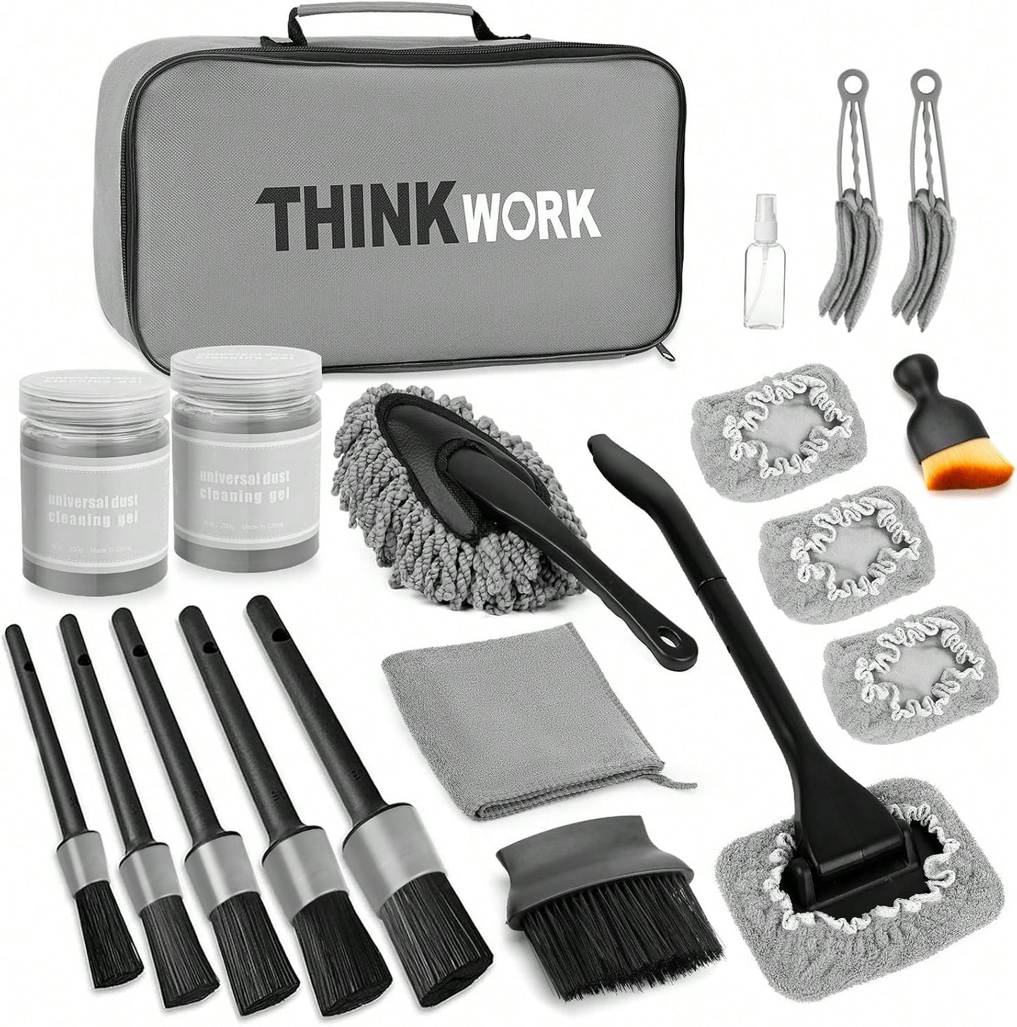 THINKWORK Windshield Cleaner Tool, Car Interior Cleaning Kit, Car Detailing Kit Interior Cleaner With10Pcs Detailing Brush Set, Gray Auto Detailing Supplies &Amp; Accessories