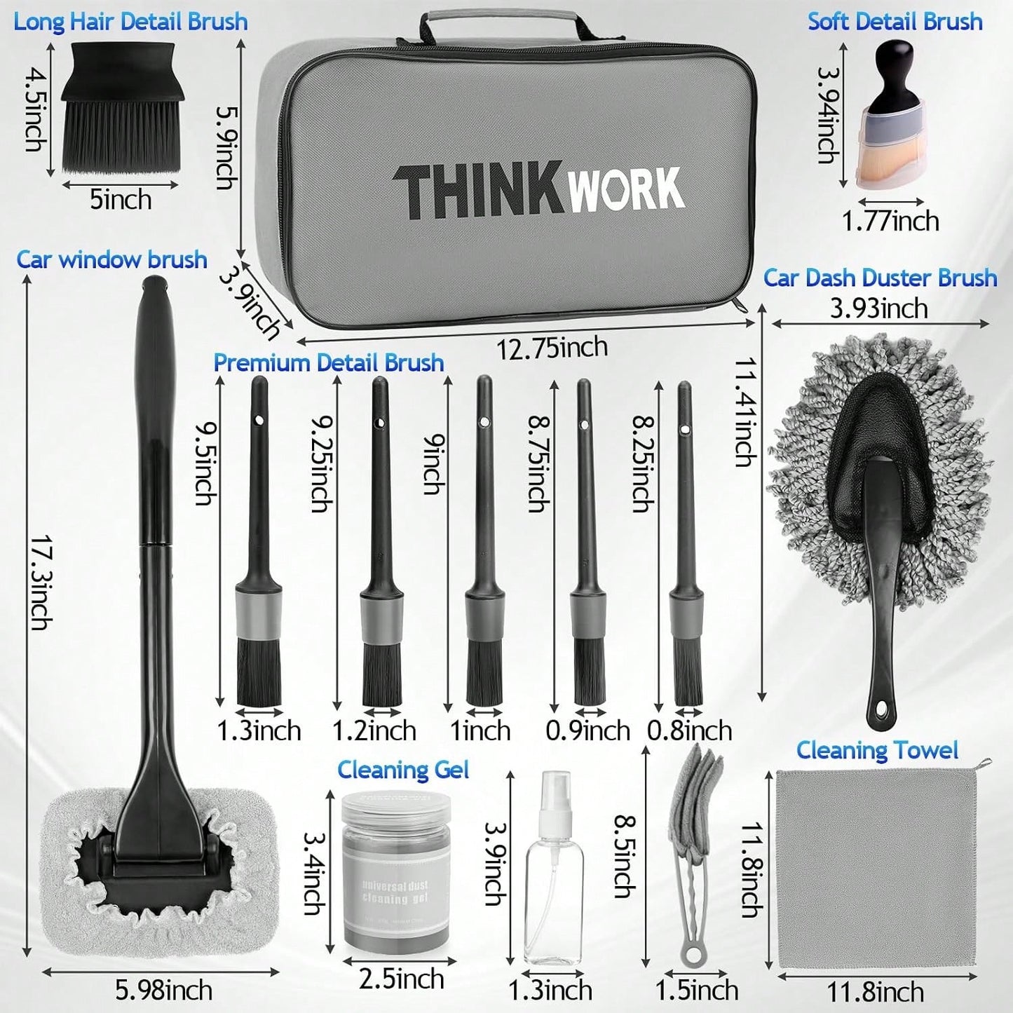 THINKWORK Windshield Cleaner Tool, Car Interior Cleaning Kit, Car Detailing Kit Interior Cleaner With10Pcs Detailing Brush Set, Gray Auto Detailing Supplies &Amp; Accessories