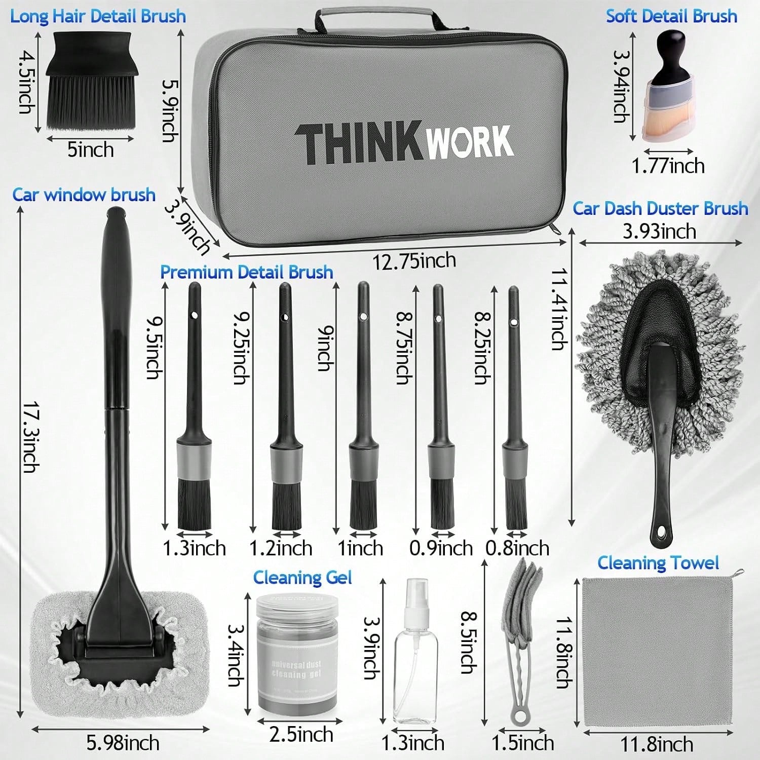 THINKWORK Windshield Cleaner Tool, Car Interior Cleaning Kit, Car Detailing Kit Interior Cleaner With10Pcs Detailing Brush Set, Gray Auto Detailing Supplies &Amp; Accessories