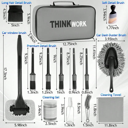 THINKWORK Windshield Cleaner Tool, Car Interior Cleaning Kit, Car Detailing Kit Interior Cleaner With10Pcs Detailing Brush Set, Gray Auto Detailing Supplies &Amp; Accessories