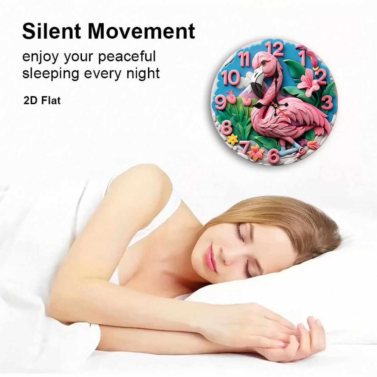 This Is A 12inch Flat Wall Clock, Featuring A Flamingo Cartoon Design. It Is Silent And Noiseless, Making It Perfect For Use In The Living Room