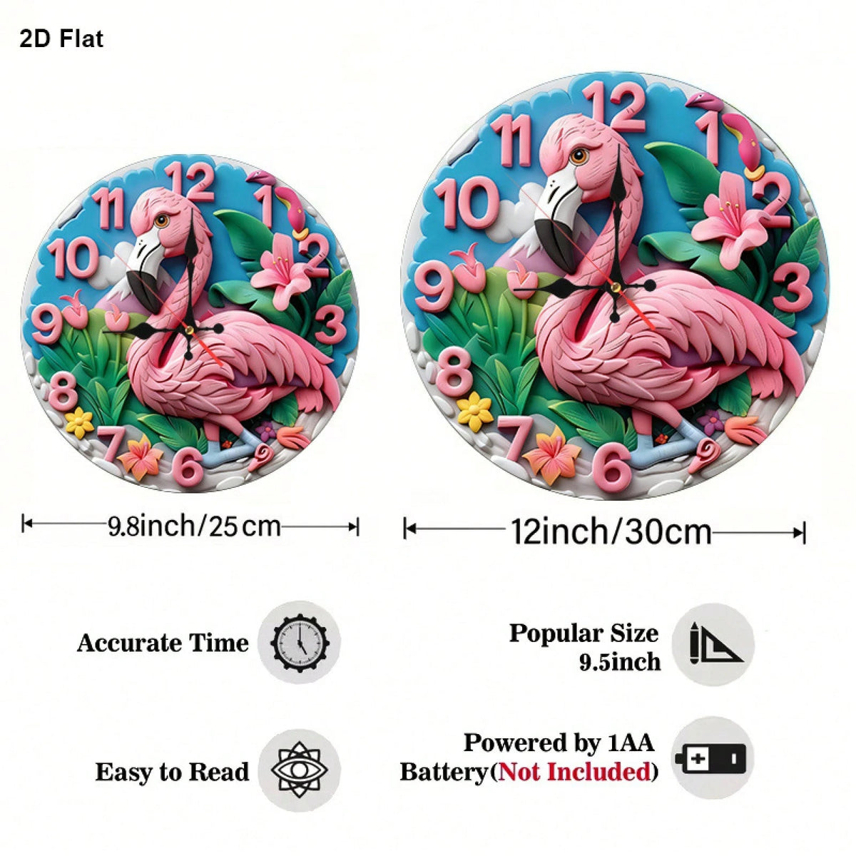 This Is A 12inch Flat Wall Clock, Featuring A Flamingo Cartoon Design. It Is Silent And Noiseless, Making It Perfect For Use In The Living Room