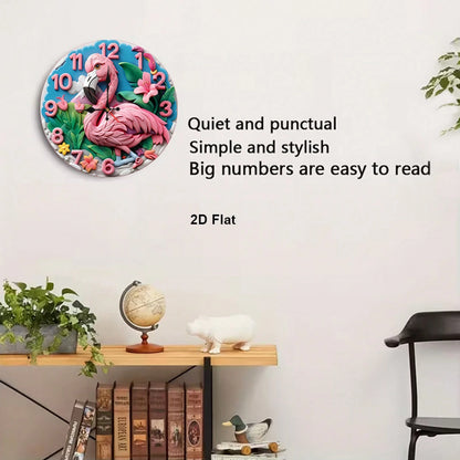This Is A 12inch Flat Wall Clock, Featuring A Flamingo Cartoon Design. It Is Silent And Noiseless, Making It Perfect For Use In The Living Room