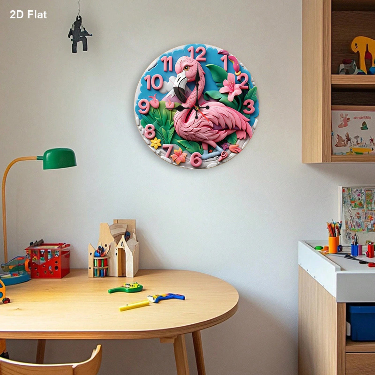 This Is A 12inch Flat Wall Clock, Featuring A Flamingo Cartoon Design. It Is Silent And Noiseless, Making It Perfect For Use In The Living Room