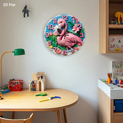 This Is A 12inch Flat Wall Clock, Featuring A Flamingo Cartoon Design. It Is Silent And Noiseless, Making It Perfect For Use In The Living Room