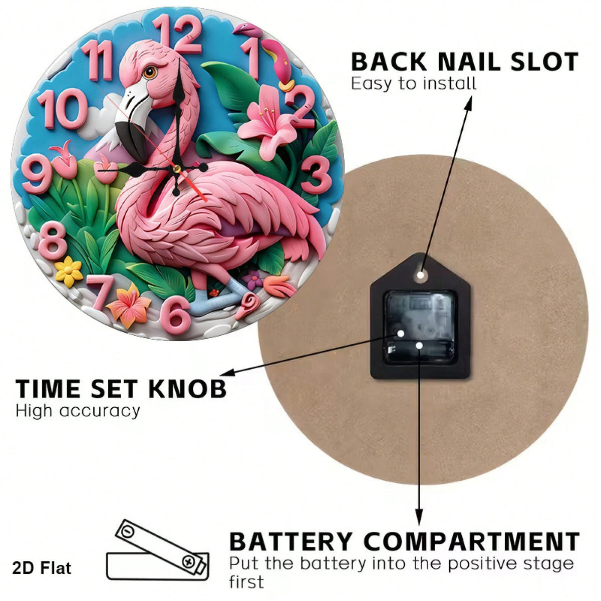 This Is A 12inch Flat Wall Clock, Featuring A Flamingo Cartoon Design. It Is Silent And Noiseless, Making It Perfect For Use In The Living Room