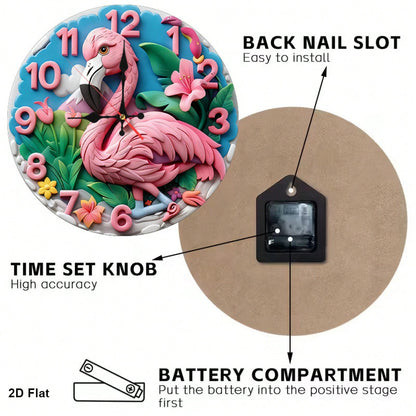 This Is A 12inch Flat Wall Clock, Featuring A Flamingo Cartoon Design. It Is Silent And Noiseless, Making It Perfect For Use In The Living Room