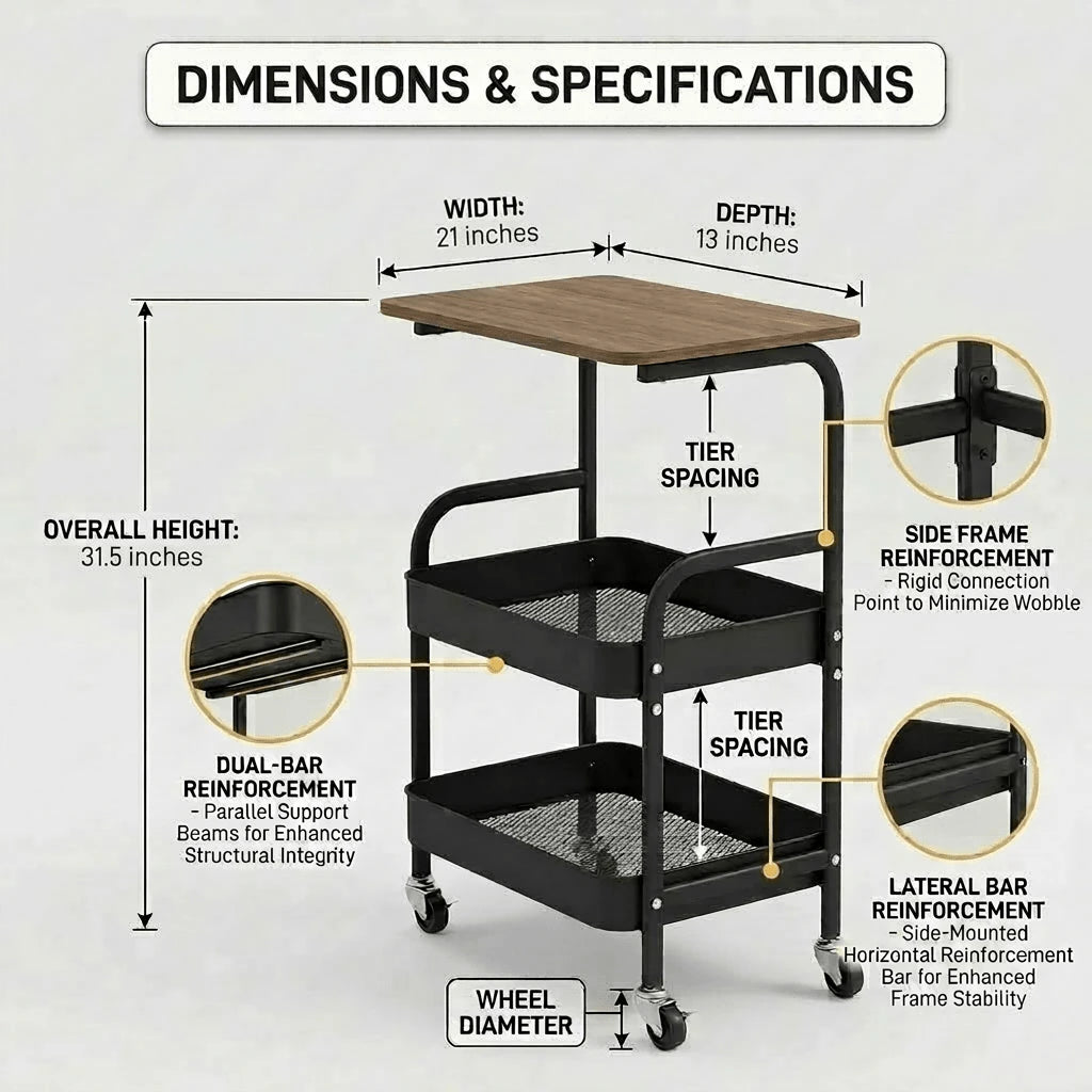 Three-Tier Rolling Cart, Multi-Functional Metal Storage Shelf, Snack Shelf, Durable Shelf, Portable Wheels, Suitable For Home Or Office Use, Office Storage And Organization Rolling Cart