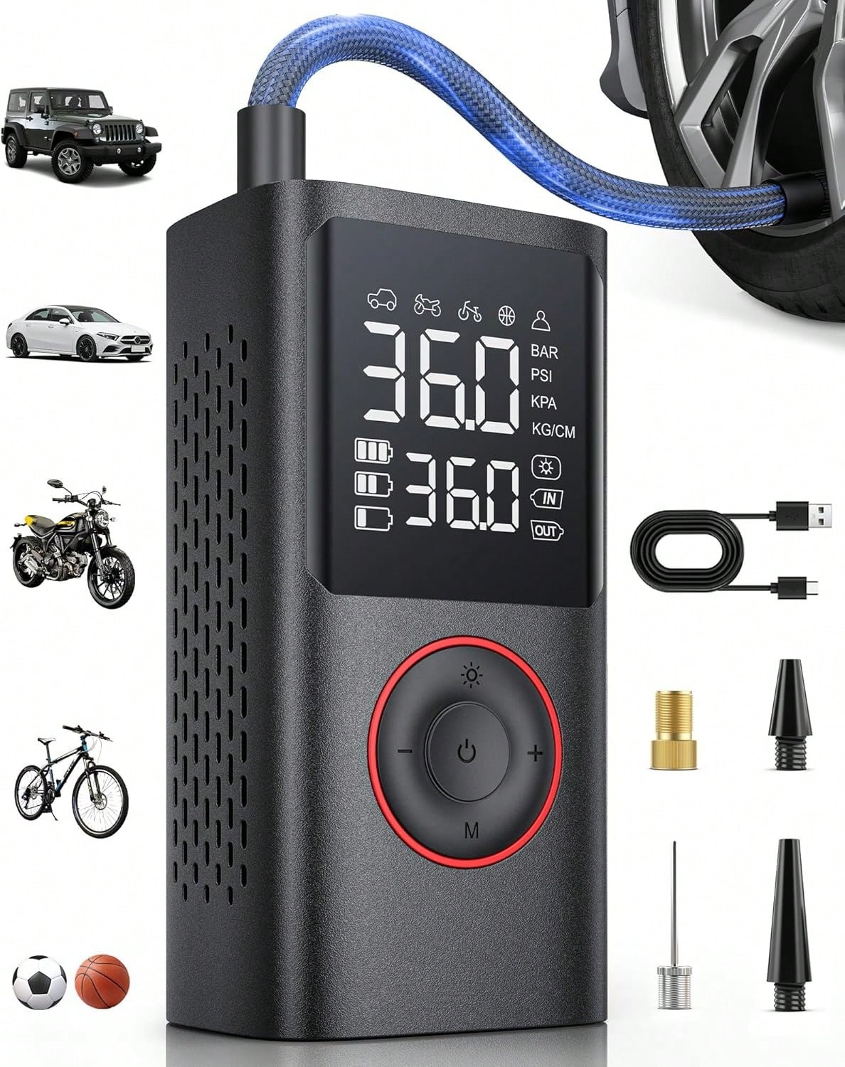 Tire Inflator Portable Air Compressor, 150 PSI Cordless Bike Tire Pump, Air Pump For Auto, Motorcycle, Bicycle, Balls With Pressure Gauge, LED Light & Car Accessories, Black, 4000mAh