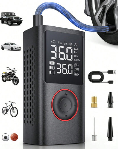 Tire Inflator Portable Air Compressor, 150 PSI Cordless Bike Tire Pump, Air Pump For Auto, Motorcycle, Bicycle, Balls With Pressure Gauge, LED Light & Car Accessories, Black, 4000mAh