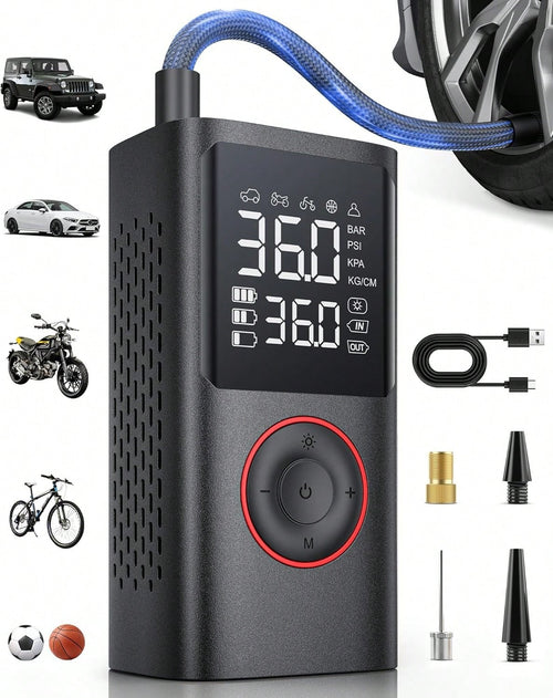 Tire Inflator Portable Air Compressor, 150 PSI Cordless Bike Tire Pump, Air Pump For Auto, Motorcycle, Bicycle, Balls With Pressure Gauge, LED Light & Car Accessories, Black, 4000mAh
