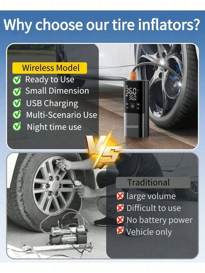 Tire Inflator Pump Portable Air Compressor 150PSI Cordless Car Tire Pump Rechargeable Bicycle Pump Suitable For Motorcycles, Bicycles, Balls And Inflatable Toys 11.1V/DC12V 2000MAH