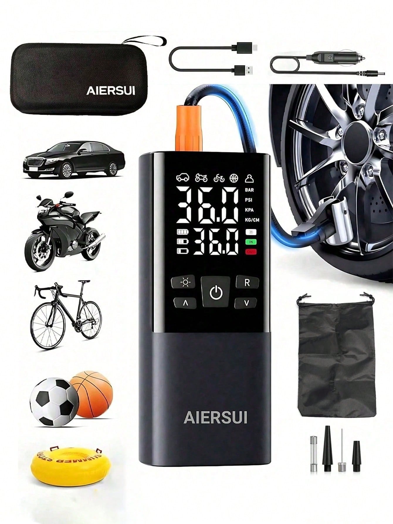 Tire Inflator Pump Portable Air Compressor 150PSI Cordless Car Tire Pump Rechargeable Bicycle Pump Suitable For Motorcycles, Bicycles, Balls And Inflatable Toys 11.1V/DC12V 2000MAH