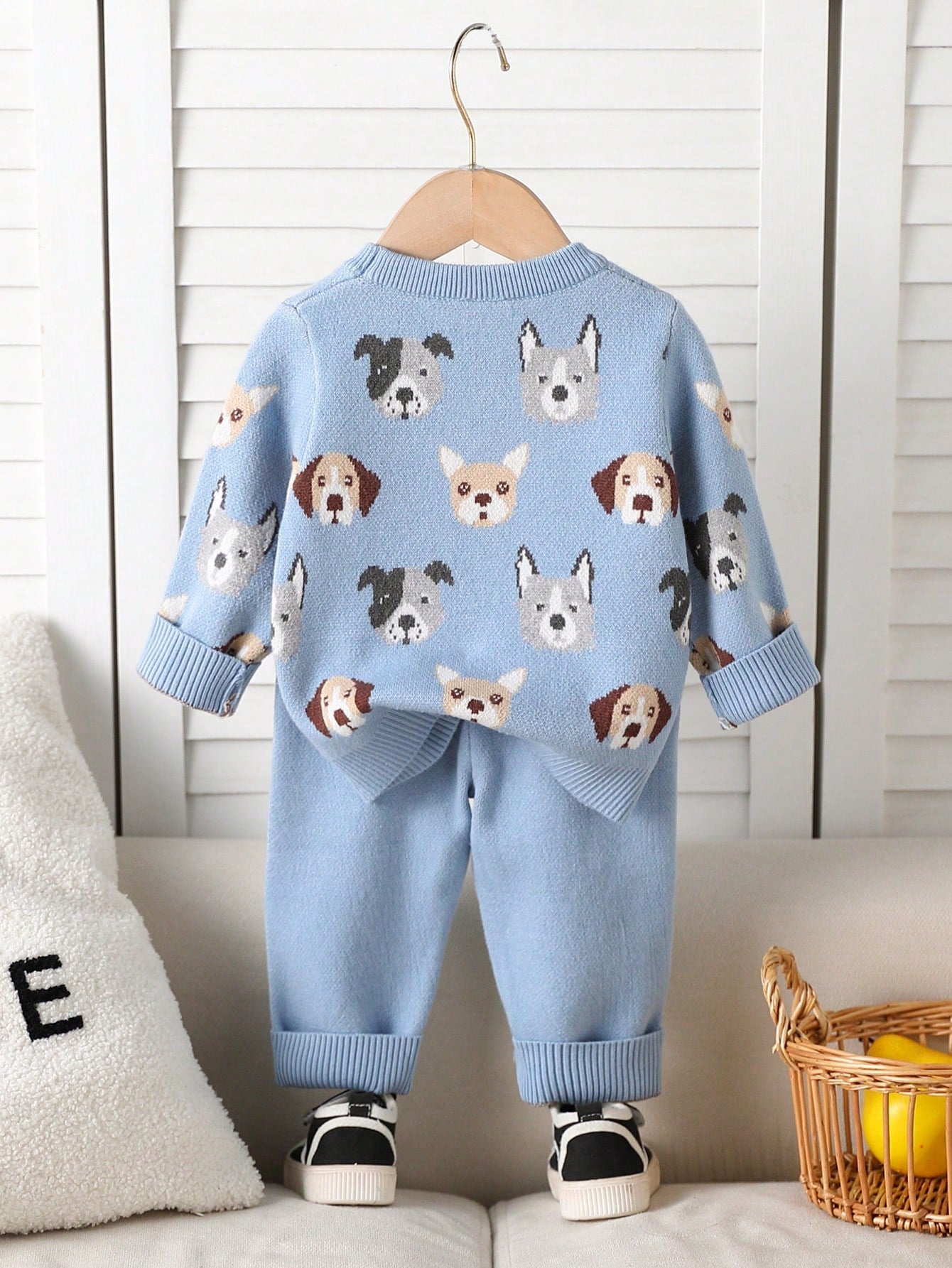 Toddler Boys' Fashionable Blue Jacquard Knit Sweater & Pants Set,Cute Autumn Dog Print Baby Clothes,Newborn Winter Pullover Outfits Matching Family